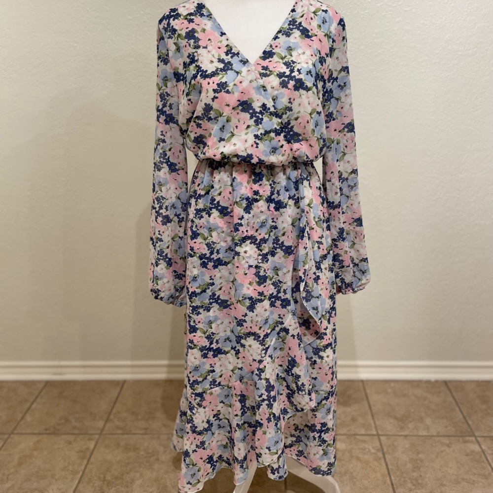 Blue and Pink Floral Faux Wrap Dress